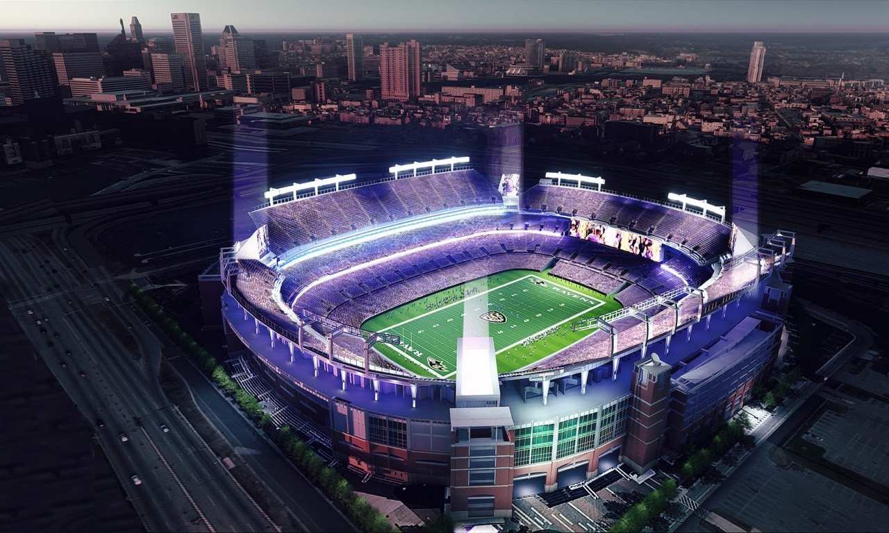 Aerial view of M&T Bank Stadium in Baltimore, the destination for the Ravens vs. Buccaneers Fun Bus experience